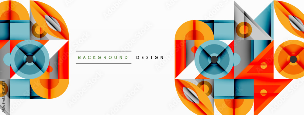 Poster Abstract geometric shapes, orange, blue, gray. Modern design elements repeat, creating dynamic visual pattern. Clean lines, minimalist aesthetic.