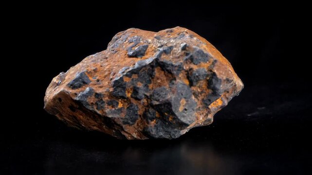 Close up of a weathered chondrite meteorite fragment against black backdrop, showing fusion crust and inclusions, space rock specimen, macro photography