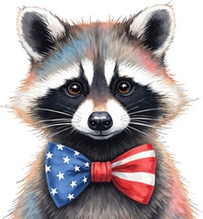 Raccoon in a patriotic bow tie illustration with soft tones for Independence Day celebrations, kids illustration