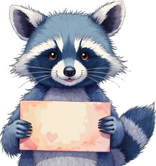 Raccoon proudly holds handmade card with a loving expression in watercolor style illustration for Mother's Day, kids illustration