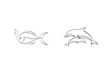 Simple line art illustration of a fish and two swimming dolphins on a white background