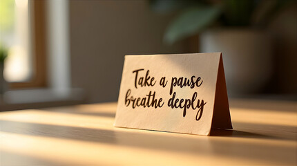 Motivational message "Take a pause, breathe deeply" printed on a kraft paper card, placed gently on a rustic wooden floor. A calming, mindful scene promoting relaxation and inner peace