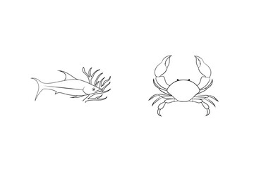 Simple black and white illustrations featuring a fish and a crab on a white background