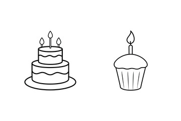 Simple black and white line drawings of a birthday cake and cupcake with candles