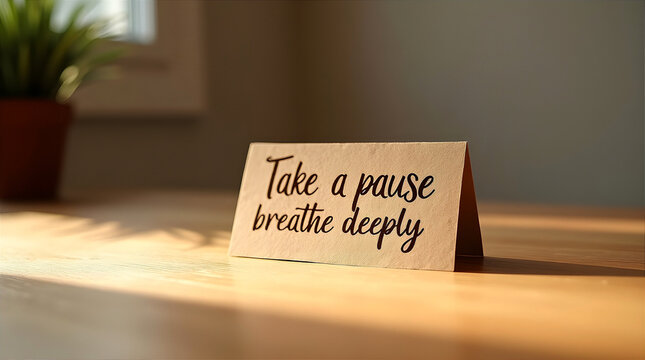 Motivational message "Take a pause, breathe deeply" printed on a kraft paper card, placed gently on a rustic wooden floor. A calming, mindful scene promoting relaxation and inner peace