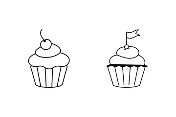 Simple outlined cupcake illustrations with cherry and flag for birthday and celebration designs