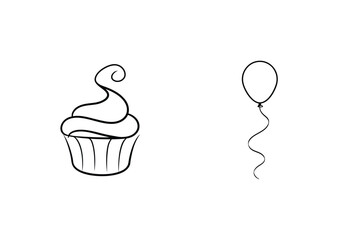 Simple hand drawn cupcake and balloon vector illustration perfect for birthday invitations or designs