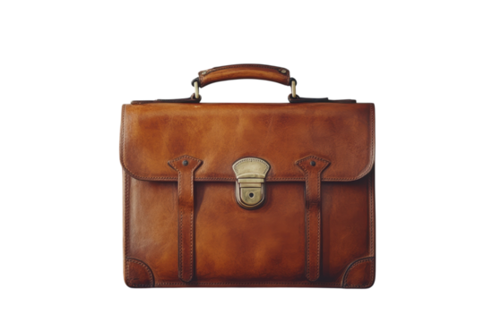 A beautifully aged leather briefcase holding countless stories of past adventures and business on transparent background