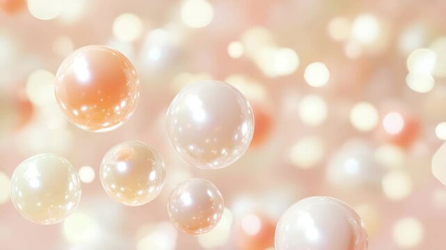Multiple shiny, white and peach pearls of different sizes float gently against a soft pink background with bokeh effects, creating a luxurious and elegant atmosphere