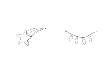 Elegant one line art illustrations of a shooting star and christmas light string decorations