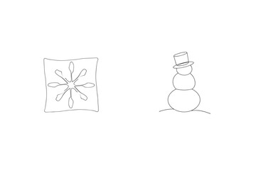 Minimalist line art snowflake design within a pillow shape and simple snowman illustration