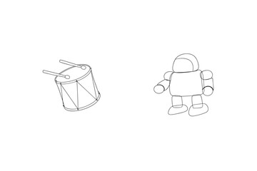 Line art illustration of a drum and a robotic character isolated on a white background