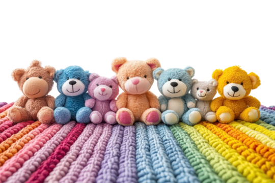 A charming lineup of colorful teddy bears embracing friendship on a rainbow knit blanket on transparent background