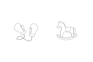 Minimalist line art depicting boxing gloves and a rocking horse on white background