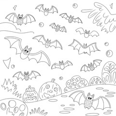 Adorable halloween illustration with bats and pumpkins perfect for coloring activities and festive designs