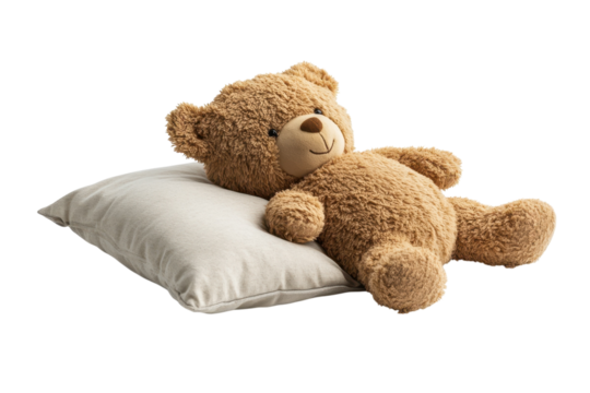 A comforting teddy bear rests peacefully on a soft pillow dreaming sweet dreams and radiating on transparent background