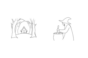 Witch and magical cauldron in forest black and white illustration for halloween season
