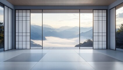 A large room with Japanese sliding doors and windows, overlooking misty mountains. The symmetrical design and architecture magazine-worthy aesthetic create a serene, calming atmosphere.