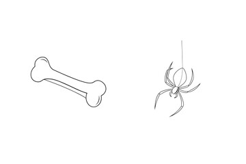 Simple black and white illustration of a dog bone and hanging spider on white background
