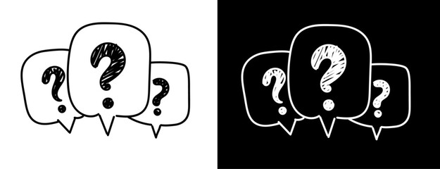 Doodle line question mark set. Ask bubble. FAQ illustration. Help sign speech bubble. Chat question. Question bubbles. Message box with question mark icon. Help peech bubble.