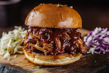 A savory toasted bun overflowing with tender, shredded chicken.