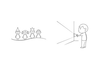 Cartoon children and man exploring with a flashlight in an illustrated black and white scene