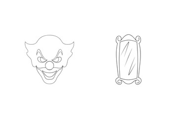 Creepy clown head and ornate mirror vector illustration for halloween or horror designs