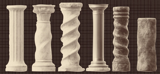 Collage kit with columns collection. Halftone elements for vintage design. Cutout stickers at the checkered brown  bg. Pillar and architect concept.