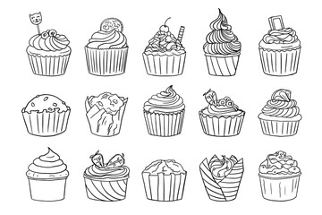 Set of bakery products in doodle style. Muffin, cupcake. Great for banners, menu design. Hand drawn