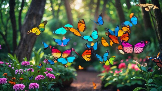 Slow Motion Flight of Colorful Butterflies in a Beautiful Forest Garden