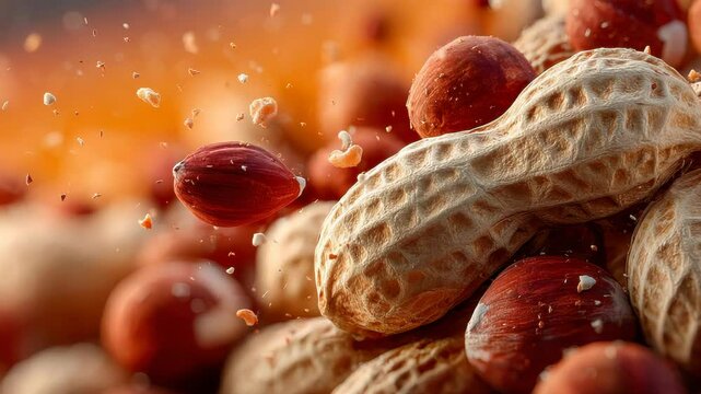 Macro shot of a peanut shell bursting open with peanuts and crumbs flying outward against a blue-toned background
