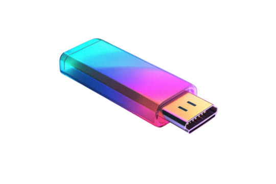 A futuristic USB connector shimmering with vibrant rainbow hues promises seamless connectivity on transparent background