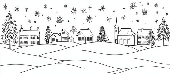 Continuous line art depicting a winter landscape 