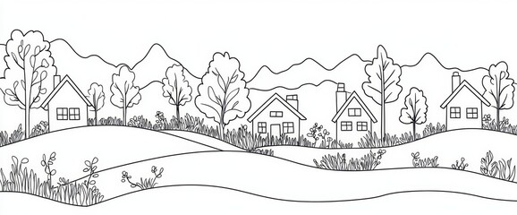 Obraz premium Silhouette illustration of a quaint country home amidst nature.