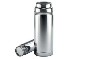 A gleaming stainless steel thermos a beacon of warmth on frosty mornings promising comfort on on transparent background