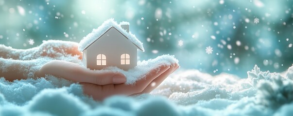 Hands holding a paper house on snow covered landscape with snowflakes falling around.