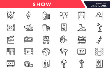 Show linear icon set. Performance, exhibition, theater, philharmonic, entertainment, spotlight, ticket, magician, concert, contest, talent, and magic outline icon collection. UI thin vector icon pack