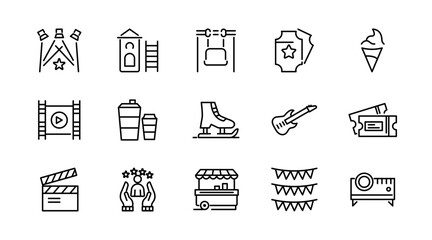 Show linear icon set. Performance, exhibition, theater, philharmonic, entertainment, spotlight, ticket, magician, concert, contest, talent, and magic outline icon collection. UI thin vector icon pack
