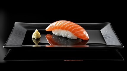 Sushi perfectly placed on a square black plate, accompanied by minimalist garnishes and a droplet of soy glaze.