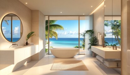 Fototapeta premium A modern bathroom with large windows overlooking the ocean. The room features a modern bathtub and double sink on one side, with a round mirror above a pedestal stand next to the tub.