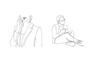 Minimalist line art illustration of people talking on phone and pointing with a simple style