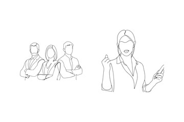 Minimalist one line drawing of business team and empowered female leader with phone