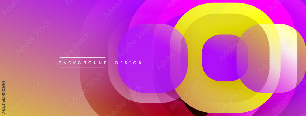 Poster Abstract vibrant background. Concentric circles overlap, creating dynamic visual effect. Colors transition from yellow to purple. Modern design element.
