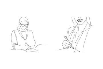 Minimalist line art illustration of women writing and taking notes on a white background