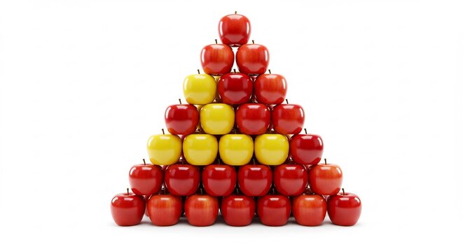 Red and yellow apples form a vibrant triangular pyramid against a bright white background. AI Generated