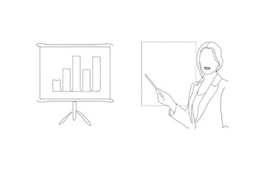 Fototapeta premium Continuous line drawing of a business presentation featuring chart and presenting woman
