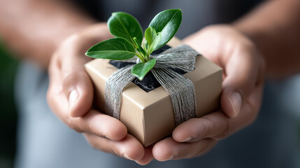 Braunes Geschenkpaket mit grünem Pflanzenzweig als nachhaltiges Geschenkkonzept