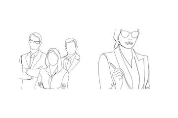 Minimalist line art illustration of business professionals and executive with sunglasses