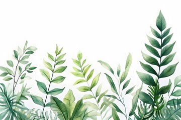 Watercolor green plants and leaves with a bottom border, illustration, on a white background. 