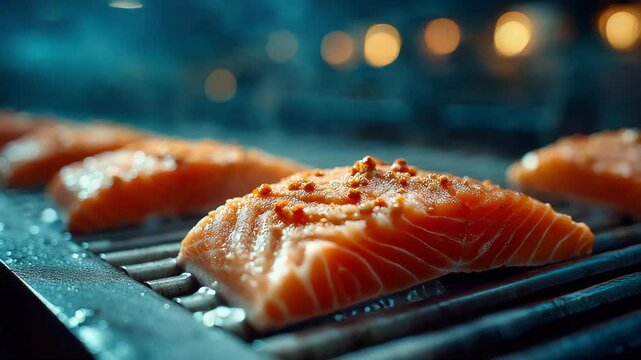 Close-up of raw salmon fillets garnished with fresh dill and peppercorns on a metal grill in a processing facility